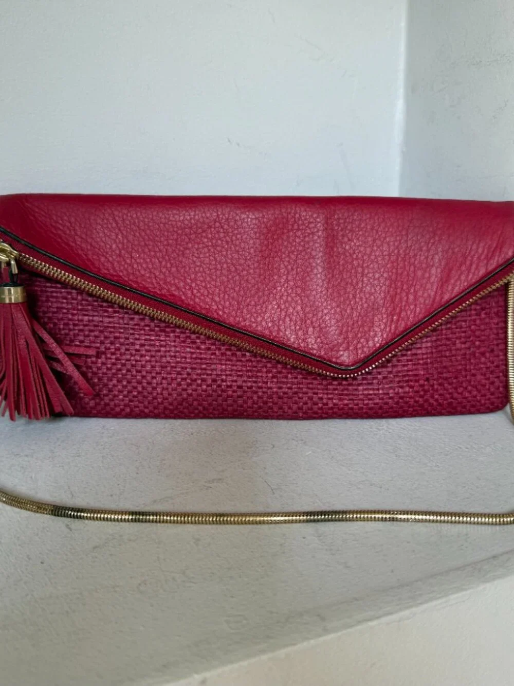 Henri Bendel Red Woven Leather Envelope Clutch Crossbody Gold Chain